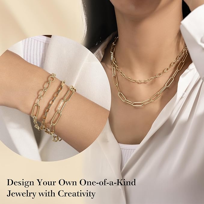 14k Gold Necklace Chains for Jewelry Making, Total 20 Feet 6 Rolls Bracelet Chains for DIY, 3.3 Feet Each Style, 14K Gold Plated Chain with Jump Rings/Lobster Clasps/Connectors