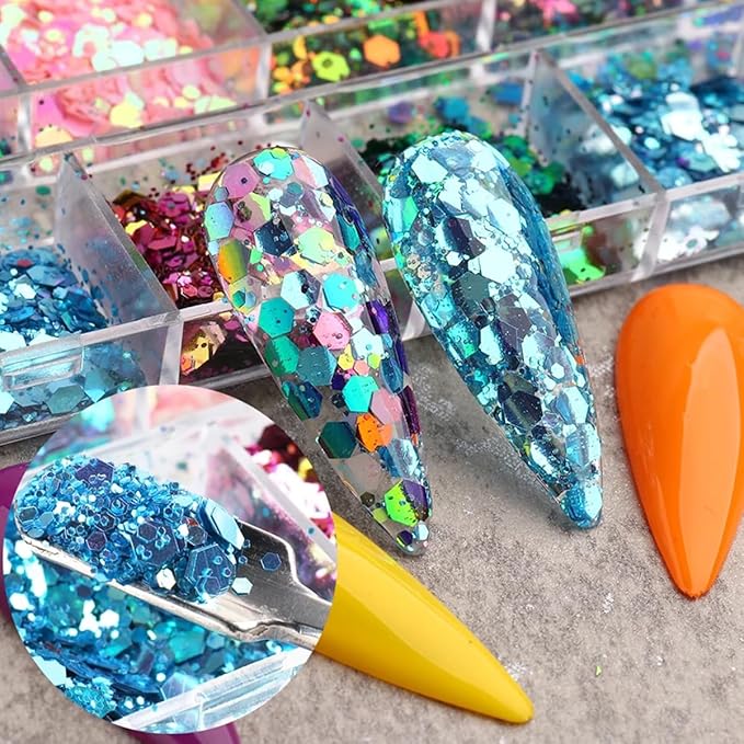 12 Grids Chameleon Nail Art Sequins Hexagon Nail Glitter Holographic Process Sticker Sequins Mermaid Powder Thin Slices Shining Charm DIY Shining Nail Art Tips for Women's Nail and Mermaid Jewelry