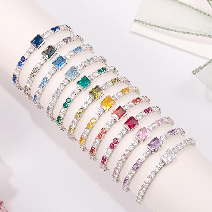 Birthstone Bracelets for Women Birthday Gifts 4CT Radiant Cut Birthstone 4mm Sterling Silver White Gold Tennis Bracelets for Women Round Cut 5A Cubic Zirconia Bezel Setting 7 Inch