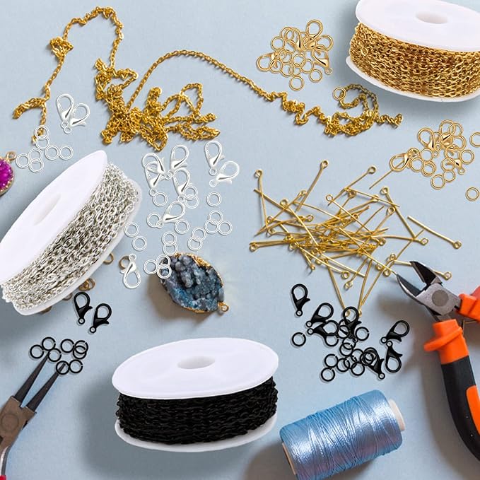 Jishi 30ft Jewelry Making Chains Bulk 2mm Necklace Chains for Jewelry Making Supplies, DIY Craft Earring Bracelet Making Findings, 3-Colors Gold Silver Black Plated Metal Rolo Cable Link Chain Rolls