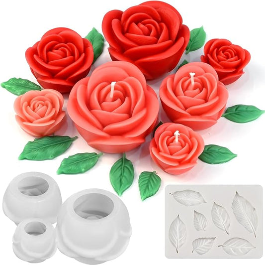 ZQYSING Rose Candle Molds, 4 Pcs Set of Large + Medium + Small 3D Rose Flower Silicone Molds with Leaf Mold for Candle Making, Epoxy Resin Casting, Wax Soap Clay Plaster Home Décor Handmade Gift