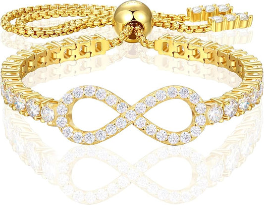 Moissanite Tennis Bracelets For Women, S925 Sterling Silver Infinity Bracelet, 3MM Width 18K Gold Plated White Gold Adjustable Bolo Bracelets- Birthday Valentines Day Gifts For Her Wife Mom