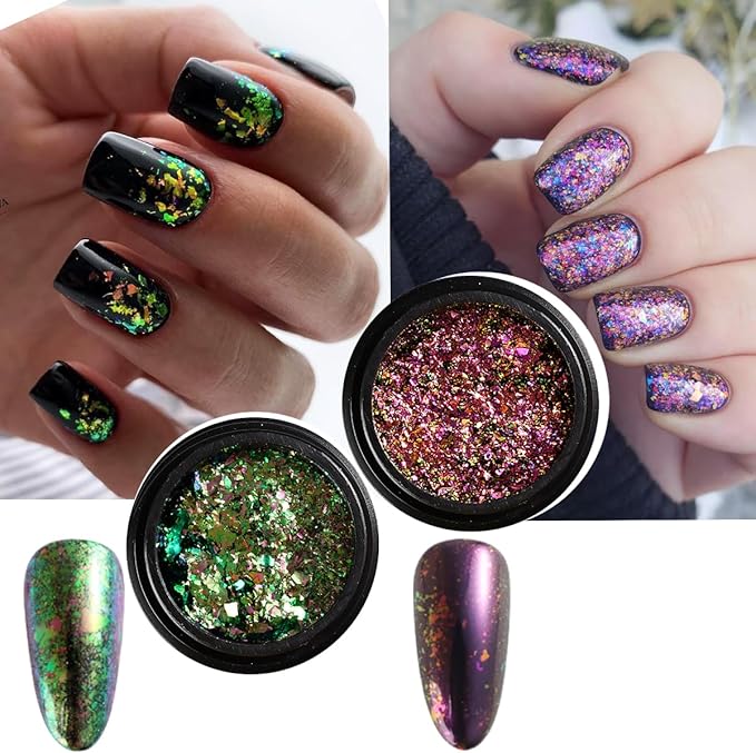 Chrome Nail Powder Set 14 Colors Pink Blue Silver Metallic Effect Mirror Powder for Nails with Brushes Holographic Pigment Chameleon Flakes for Nails Gold Leaf Decoration Nail Supplies