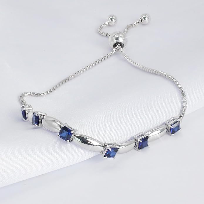 Fine Bracelet Tennis Style Pull String Birthstone Jewelry Gift for Women 925 Sterling Silver Square Sparkling Bolo Gemstone Jewelry Adjustable Bracelets