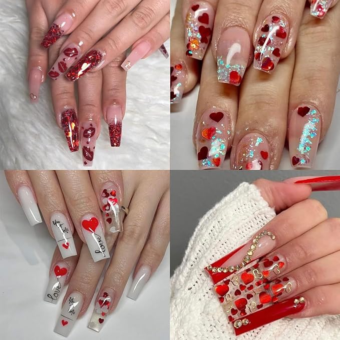 6Pcs Valentines Nail Art Glitter Flake 3D Red Nail Sequins Heart Shaped Nail Art Decoration Holographic Valentine’s Day Nail Glitter Decals Romantic Red Powder Flakes for Body Makeup Nails Accessories