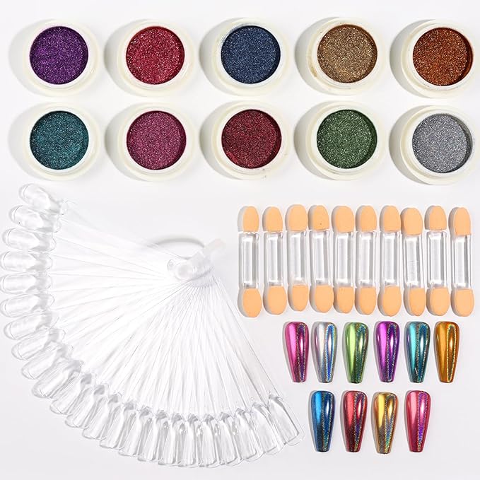 10 Colors Holographic Laser Nail Powder, Holo Aurora Iridescent Metallic Mirror Laser Effect Chrome Pigment Glitter Dust for Nail Art DIY Decorations, Sponge Tool/10PCS, Nail Swatch Sticks/24PCS