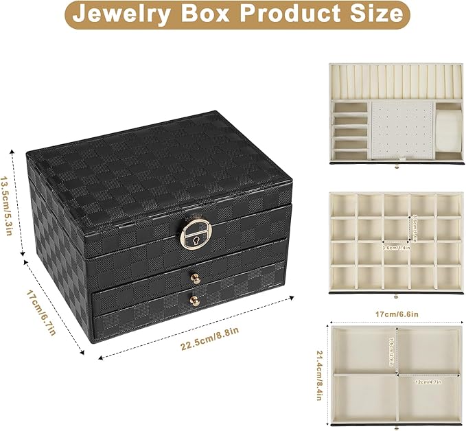 GUOER Jewelry Box for Women Girl Wife - Large PU Leather Jewelry Organizer Storage Case with 3 Layers Display for Earrings Bracelets Rings Watches (Checkered Black)