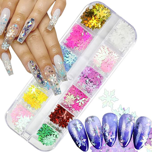 Snowflake Glitter Nail Art Sequins, 3D Christmas Snowflake Sparkly Flakes Design, 12 Colors Snowflake Nail Art Supplies for Women Girls Manicure Charms Decorations DIY Resin Holiday Xmas Nail Art Tips