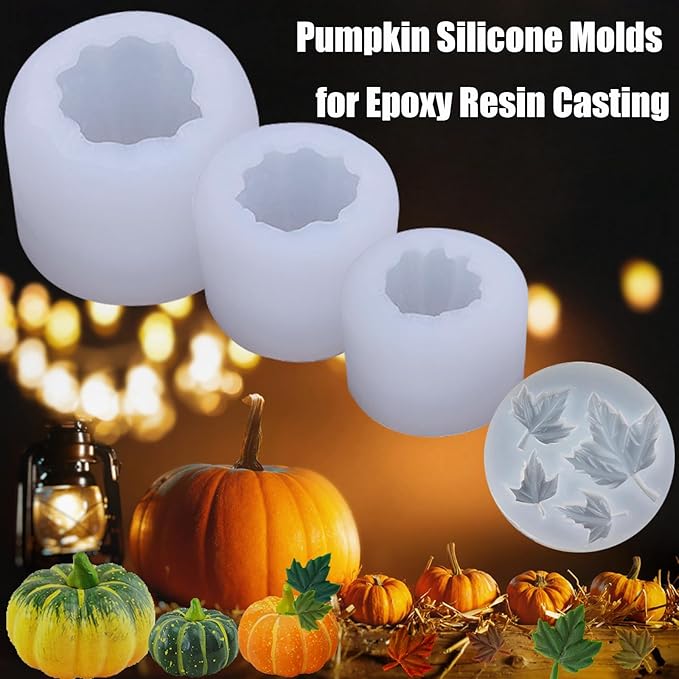 ZQYSING (4 Pack) Pumpkin Candle Molds with Leaf Mold, Set of Large + Medium + Small 3D Pumpkin Silicone Molds for Candles Wax Soap Epoxy Resin Casting Thanksgiving Halloween DIY Art Gifts Home Decor