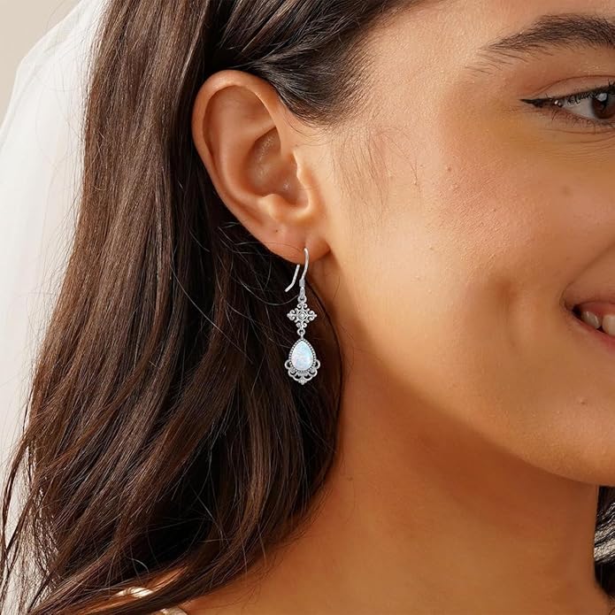 Opal Earrings for Women Opal with Genuine Diamond Dangle Drops Earrings 925 Sterling Silver Diamond Jewelry Earrings Gifts For Her