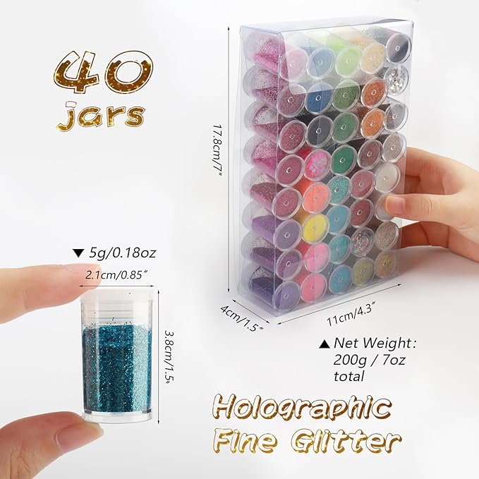 CIYOWTA Fine Glitter for Epoxy Resin, Set of 40 Colors, for Tumblers Cup Glass Slime, Cosmetic Ultra Fine Glitter for Nails Body Face Hair