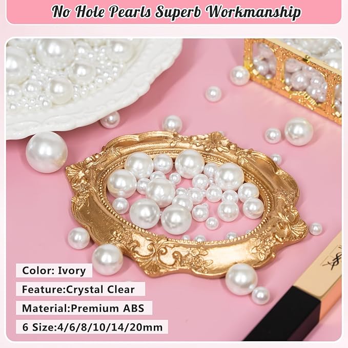 2000PCS Pearls for Crafting, White No Hole Beads for Centerpieces Vases, Assorted Sizes Bulk Fake Pearls Beads for Vase Filler, Candles Centerpiece, DIY Crafts, Jewelry Making (4/6/8/10/14/20mm)