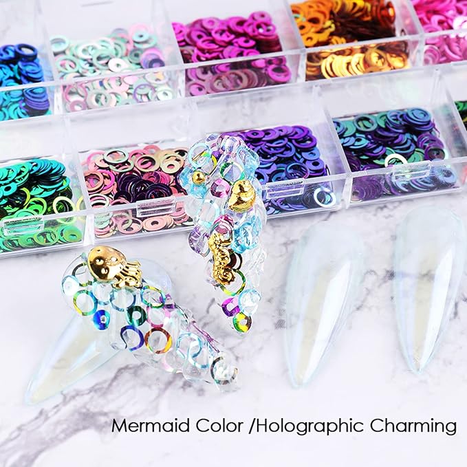 Circle Glitter Nail Art Sequins, 3D Hollow Circle Shape Glitters Flakes Designs, Holographic Laser Shiny Round Nail Supplies for Women Girls Manicure Charms Decorations DIY Resin Nail Art Tips