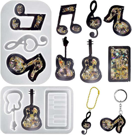 Voyyphixa 6PCS Music Notes Resin Shaker Molds Guitars Quicksand Silicone Molds for Epoxy Resin Quicksand UV Resin Mold Shaker Resin Casting Molds for Pendant Jewelry Decoration Craft Making DIY