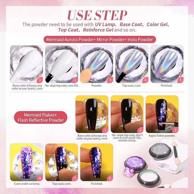 BORN PRETTY Chrome Nail Powder Holographic Nail Art Auroras Mermaid Pearl Nail Powder Reflective Glitter Manicure Pigment Chrome Powder 6 Boxes