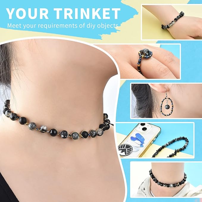 Glass Beads for Jewelry Making Adults, Black Bracelet Beads Set, 900pcs Including 8mm Assorted Round Beads, 4mm Bicone Crystal Beads, 2-4mm Spacer Seed Beads for Phone Charm, Earring, Necklace