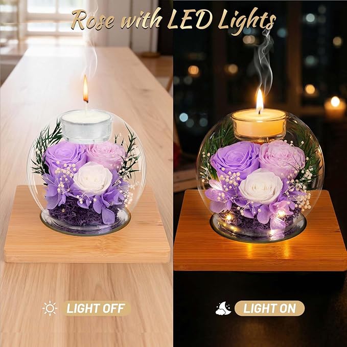 Preserved Light Purple Real Rose in Glass with Scented Candles–Forever Flower Romantic Anniversary Mothers Day Christmas Birthday Valentines Day Gifts for Her, Women, Wife, Girlfriend, Mom, Grandma