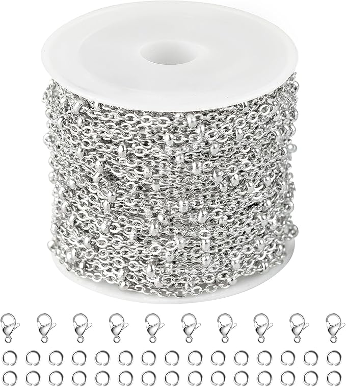 Kyutong Dainty Beaded Chain for Jewelry Making Silver Cable Chain Spool 304 Stainless Steel Chains Link for Women Men Making Jewelry Craft Finding Supplies