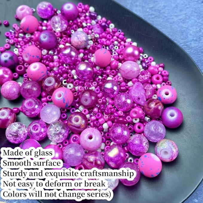 Assorted Glass Resin Beads Multi Size Colors Smooth Cracked Gravel Millet Spacer Beads for Bracelets Necklace Earring DIY Jewelry Making Craft(Rose Red Series)