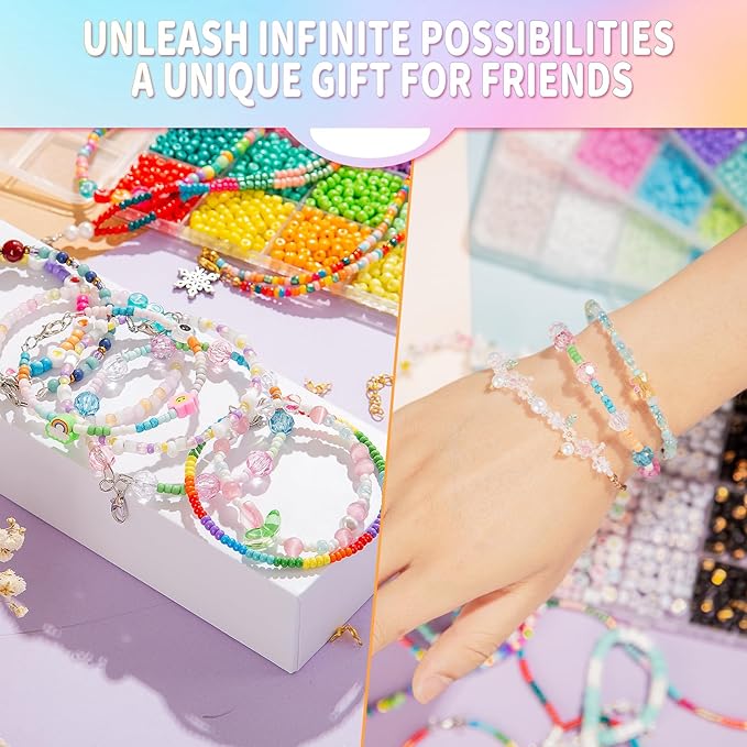 Goldwise Friendship Bracelet Kit, 16000 pcs with Seed Beads (2/3/4mm), Clay Beads, 7 Styles Letter Beads (A-Z), Variety of Charms, DIY Jewelry Making Crafts