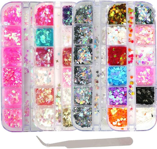 AddFavor 4 Boxes Holographic Nail Sequins Mixed Shapes Iridescent Glitter Flakes Hearts Star Moon DIY Design Manicure Nail Art Decorations Sets for Nail Art/Craft/Makeup