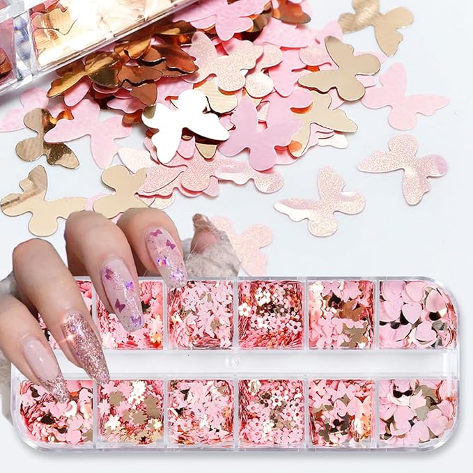 12Grids Valentine's Day Nail Glitter Sequins Holographic Gold Pink Heart Nail Art Glitter Flakes 3D Flower Rabbit Butterfly Charm Nail Sequins Glitter Nail Supplies for Acrylic Nail Decor Accessories