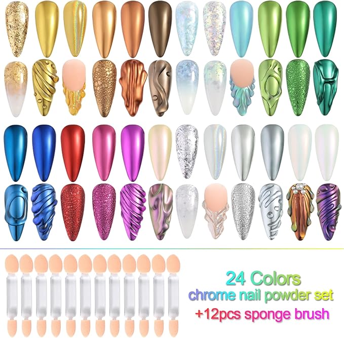 Fcozpjk Chrome Nail Powder Set 24 Colors, Mirror Effect Gold Silver Chrome Glitter Powder White Pearl Chrome Powder Iridescent Pigment for Nails Opal Flakes Gold Leaf for Nail Art Decoration