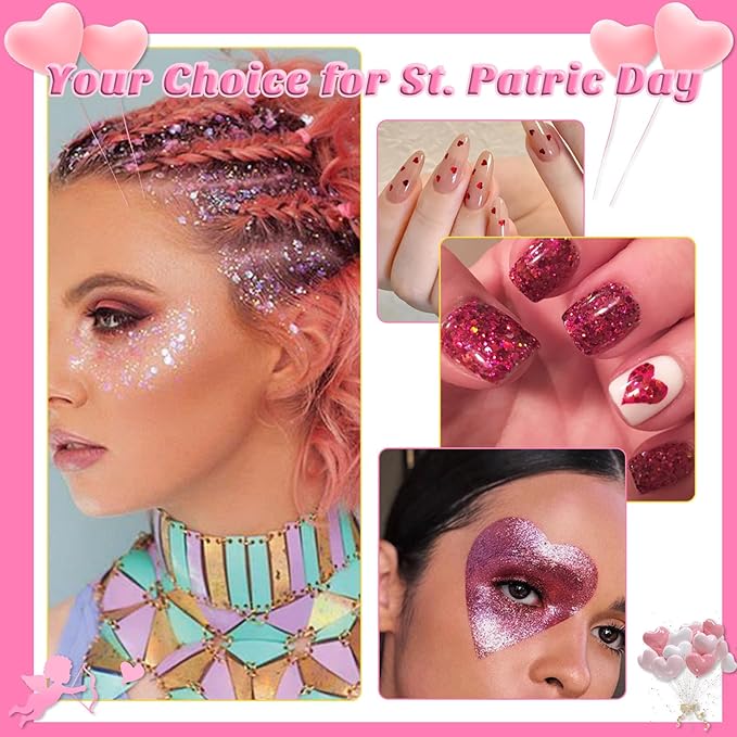 Laza 12 Colors Nail Art Glitter for Valentine’s Day Nail Stickers Chunky Red Glitter Powder Fairy Dust Pink Nail Charms Sparkle Confetti Sequins Foil Flakes for Nails, Makeup, Resin — Glittery Love