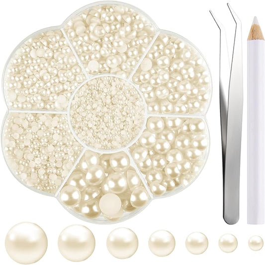 NACHLYNN 6480 Pcs Flat Back Pearl 7 Sizes Half Round Beige Flatback Pearls for Crafts Embellishment Shoes Clothes Bags DIY Making