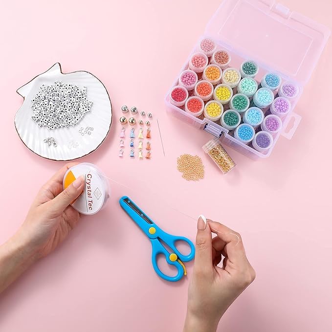 Miss Rabbit Seed Bead Kit, for Jewelry Making 24000 PCS 3mm Glass Seed Beads and 100 PCS 5mm Alphabet Letter for Bracelets Making with Elastic Cords, Scissors, Tassels