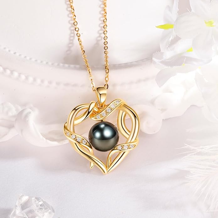 Christmas Gifts for Women- Tahitian Black Pearl- Heart Necklace- Wife Mom Girlfriend Her- Anniversary Birthday- Mothers Day Valentine's Jewelry Gifts Real 9-10mm Pearl Pendant