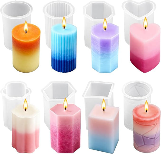8PCS Reusable Silicone Candle Molds Set - Cylinder/Hexagon/Octagonal/Heart/Flower/Square Shapes for DIY Candle Making, Soap, Resin Crafts, Easy Release Candle Making Kit with Multiple Sizes