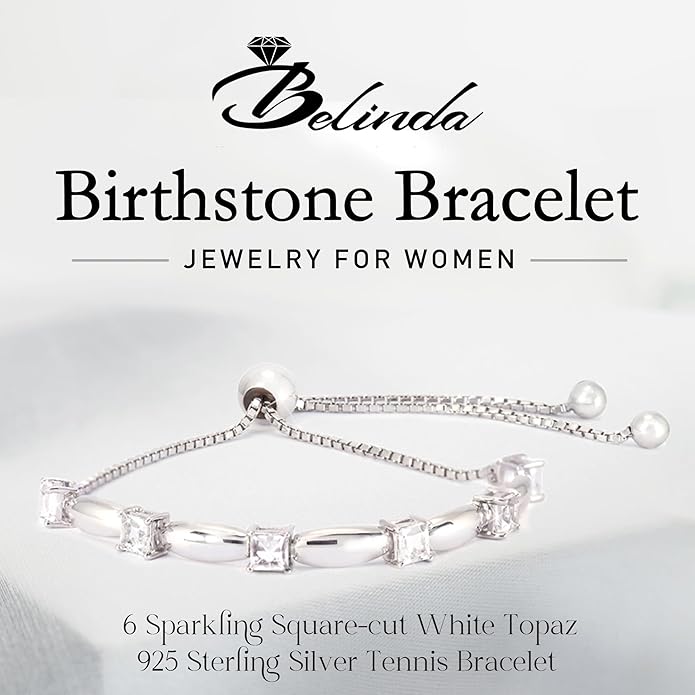 Fine Bracelet Tennis Style Pull String Birthstone Jewelry Gift for Women 925 Sterling Silver Square Sparkling Bolo Gemstone Jewelry Adjustable Bracelets