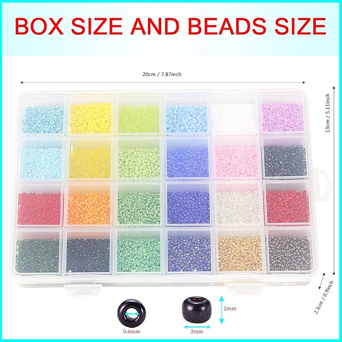 Glass Seed Beads Assorted Kit - Size 12/0 (2mm Tiny), 24 Multicolor Options (14,400pcs Total) with Organizer Box for Adult DIY Jewelry Making
