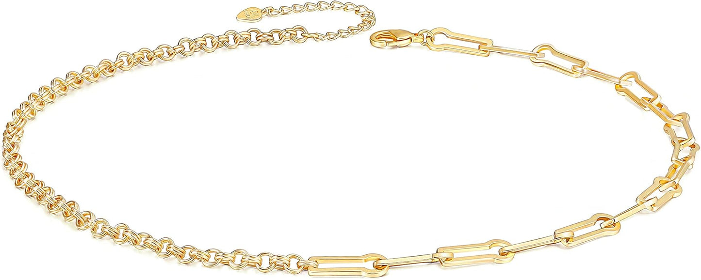 Aobei Pearl 18K Gold Plated Paperclip Chain Choker Satellite Chain Freshwater Cultured Biwa Pearl Pendant Necklace Dainty Jewelry for Women