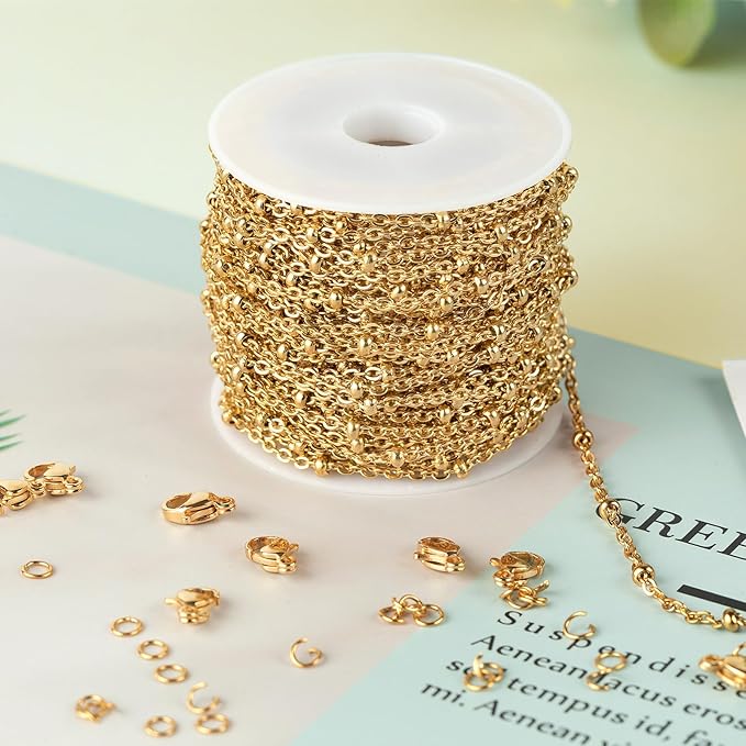 Kyutong 10M Gold Stainless Steel Jewelry Chain in Bulk Beaded Cable Link Chain Roll with Jump Rings and Lobster Clasps for DIY Jewelry Making Supplies