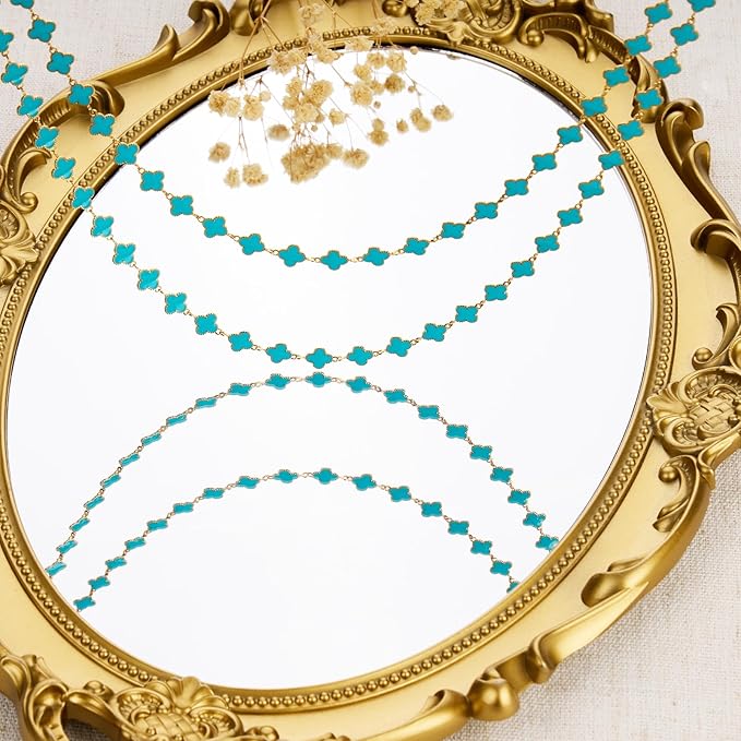 GTVOODX 18K Gold Stainless Steel Chain Bulk 9.8 Feet Unfinished 8mm Blue Enamel Four Leaf Clover Link Chains Spool Bulk for Women Jewelry Making with Lobster Clasps Jump Rings