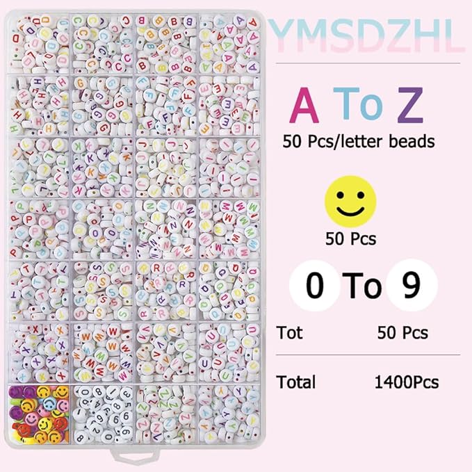 YMSDZHL Alphabet Beads A-Z 1400Pcs Letter Beads, Acrylic 4x7mm Round Letter Beads Kits,Black Digit and Colorful Smile Beads for Bracelets Necklaces DIY Jewelry Making (Colorful,1400PCS)