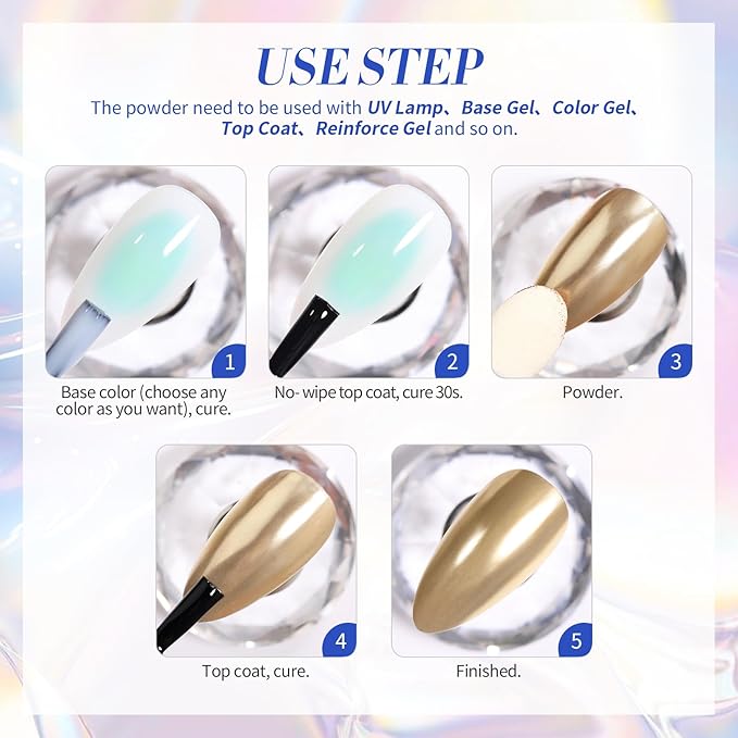 BORN PRETTY Chrome Nail Powder,White Pearl Metallic Mirror Holographic Chrome Powder for Nails,Pearl Glitter Pigment Dust Kit Nail Art Decoration Sets