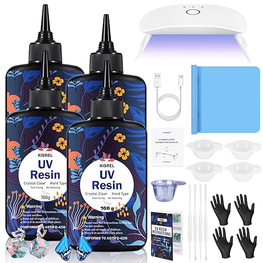 UV Resin with Light - 400g Hard Type Crystal Clear Ultraviolet Curing UV Resin Kit, 8 Lamp Beads UV Light(Non-Battery), UV Resin with Light for Craft Jewelry Making