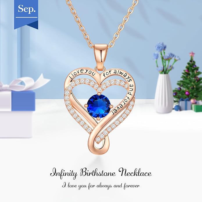 Infinity Love Heart Birthstone Necklace for Women Wife, S925 Sterling Silver Anniversary for Women Wife Birthday Gift for Her Girlfriend Mom Daughters, I Love You Women's Jewelry 18k Rose Gold Filled