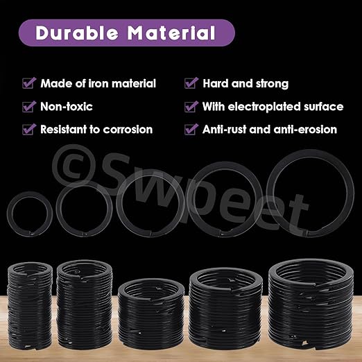Swpeet 60 Pcs Black Assorted Multi-Purpose Metal Keychain Rings Split Keyrings Flat O Ring for Home Car Keys Attachments Keys Pendants - 20mm, 25mm, 30mm, 35 mm, 38 mm
