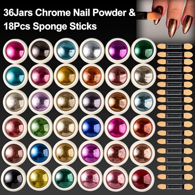 36 Jars Chrome Nail Powder Kit, Metallic Mirror Chrome Powder Pigment for Gel Nails, Holographic Mirror Glitter Rub Dust Set for Nail Art Decoration Home DIY Salon Use