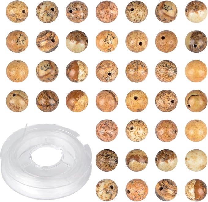 Natural Stone Genuine Stones DIY Round Beads 8mm 100pcs Beading Loose Gemstone Hole Size 1mm Charm Smooth Beads for Bracelets Necklaces Earrings (Yellow Picture Jasper 8mm)