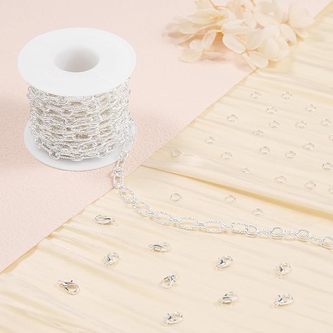 Jabogrii 16.4 Feet Embossed Oval Paperclip Chain for Jewelry Making Silver Metal Chain Roll Craft Jewelry Findings