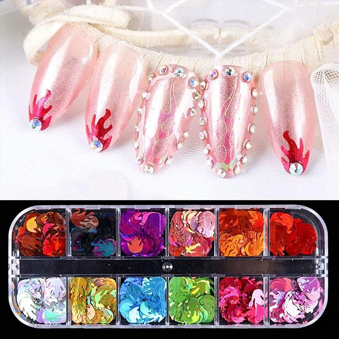 Flame Glitter Nail Art Sequins, 3D Sparkly Fire Flame Shape Nail Flakes Designs, 12 Colors Holographic Laser Flame Glitter Nail Supplies for Women Girls Manicure Charms Decorations, DIY Shiny Nail Art