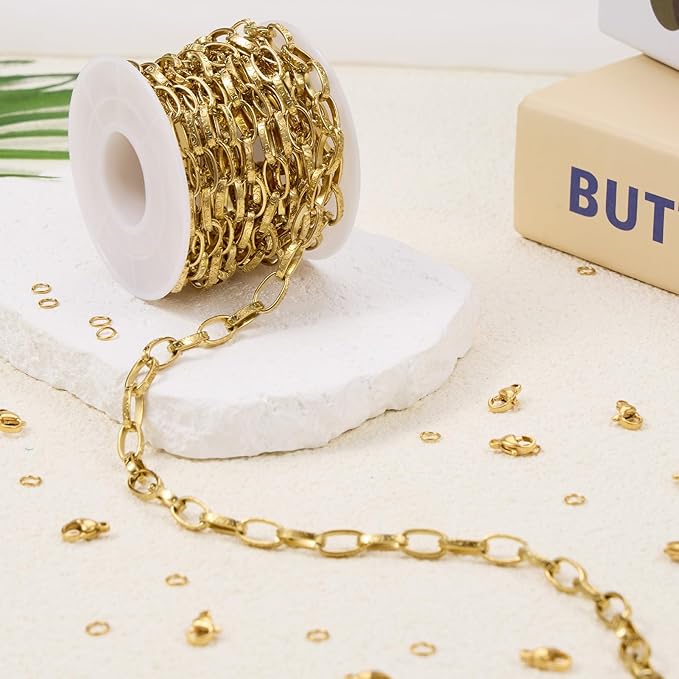 GTVOODX 13 Feet 18K Gold PVD Plated Paperclip Chain Roll, Stainless Steel Textured Oval Link Chain Bulk for DIY Jewelry Making with Lobster Clasps and Jump Rings