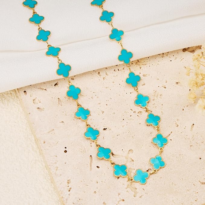 GTVOODX 18K Gold Stainless Steel Chain Bulk 9.8 Feet Unfinished 8mm Blue Enamel Four Leaf Clover Link Chains Spool Bulk for Women Jewelry Making with Lobster Clasps Jump Rings