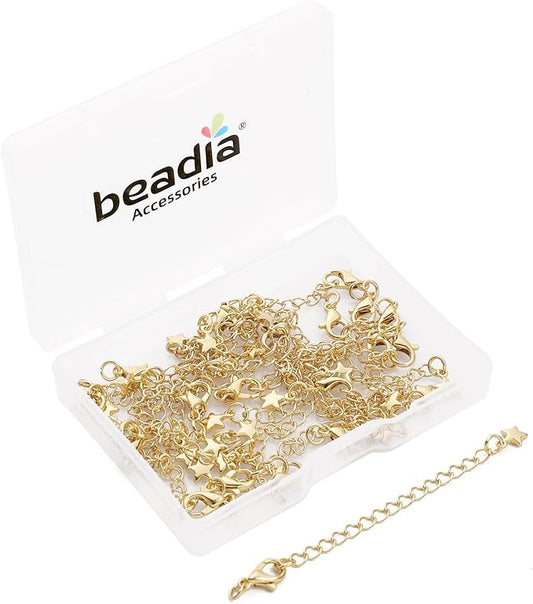 BEADIA 14K Gold Plated Extender Chains 75mm 20pcs 3D Star Extension Tail Chains for Jewelry Making Findings