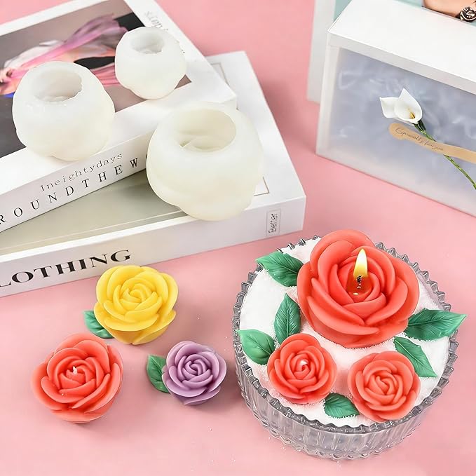 ZQYSING Rose Candle Molds, 4 Pcs Set of Large + Medium + Small 3D Rose Flower Silicone Molds with Leaf Mold for Candle Making, Epoxy Resin Casting, Wax Soap Clay Plaster Home Décor Handmade Gift